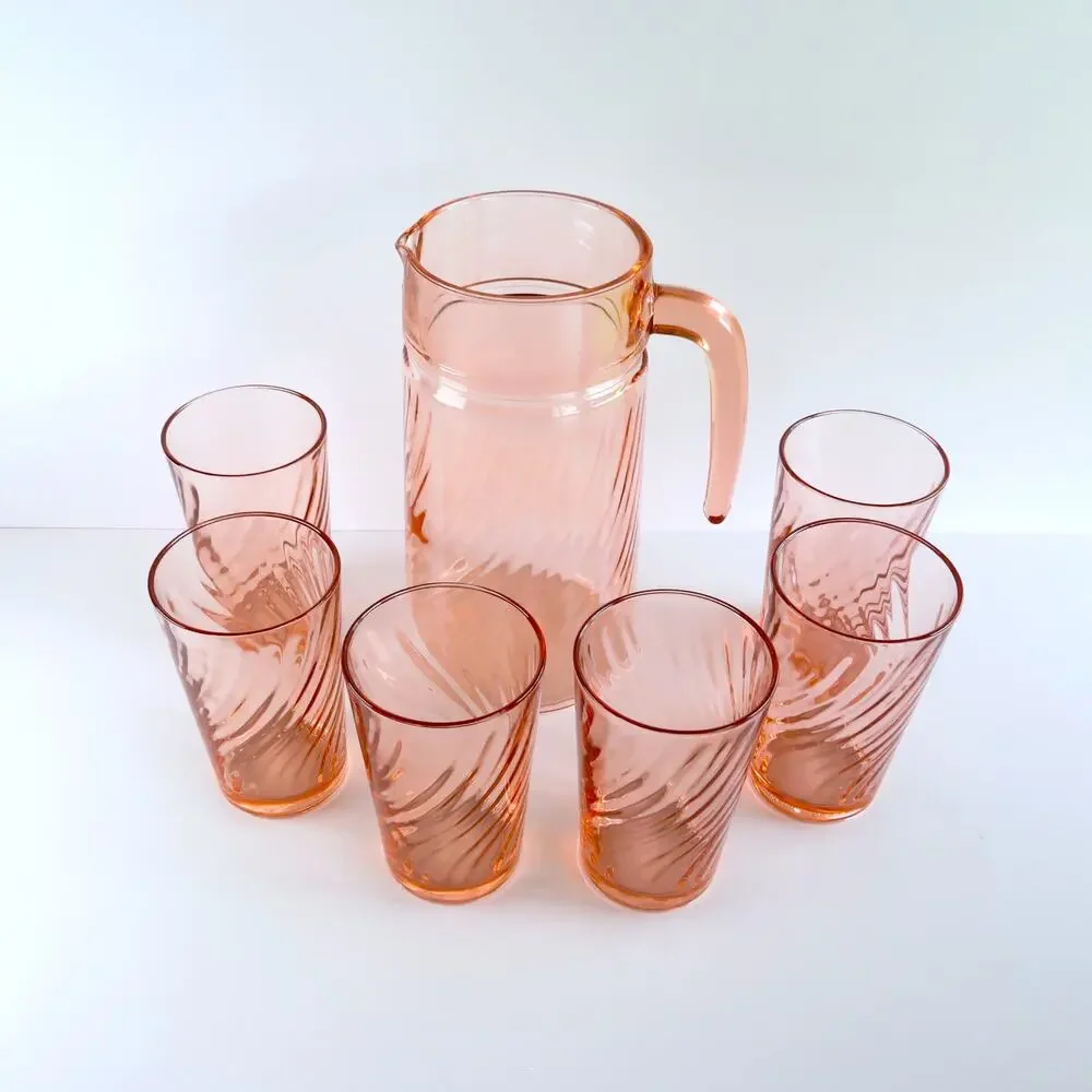Vintage Arcoroc France Rosaline Pink Swirl Pitcher and Glasses 7 Piece Set